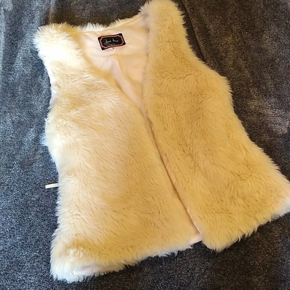 Love Tree ivory faux fur vest with leather ties